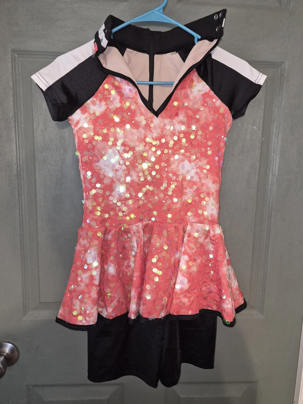 Weissman Coral Sequin Dance Dress with Black Accents
